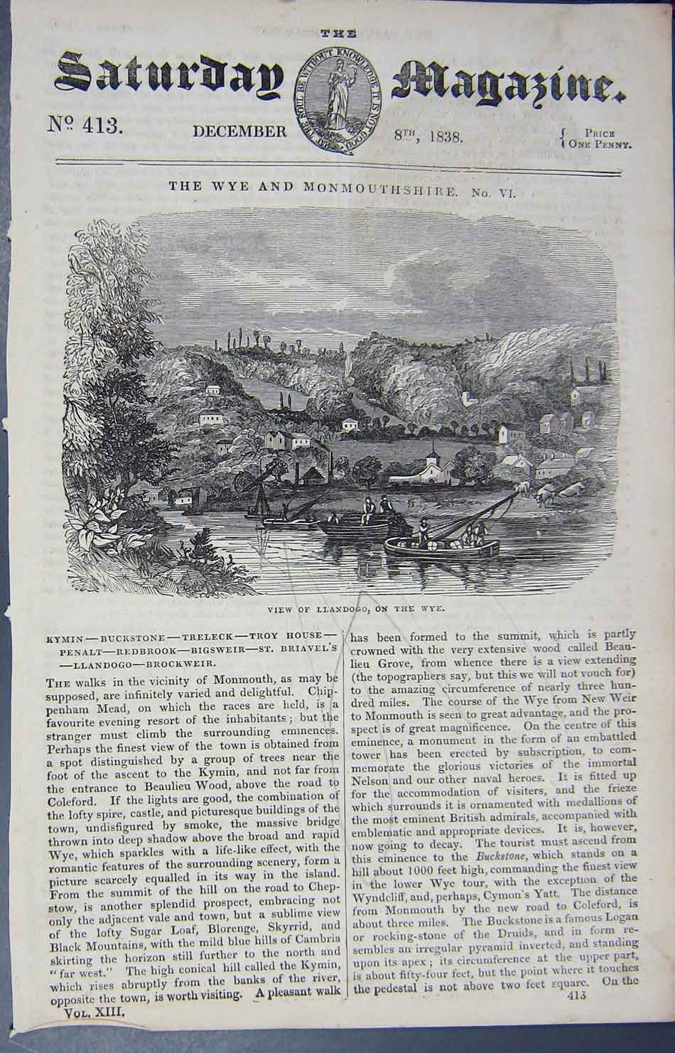 Original Old Antique Print 1838 View Llandogo River Wye Boats Monmouthshire