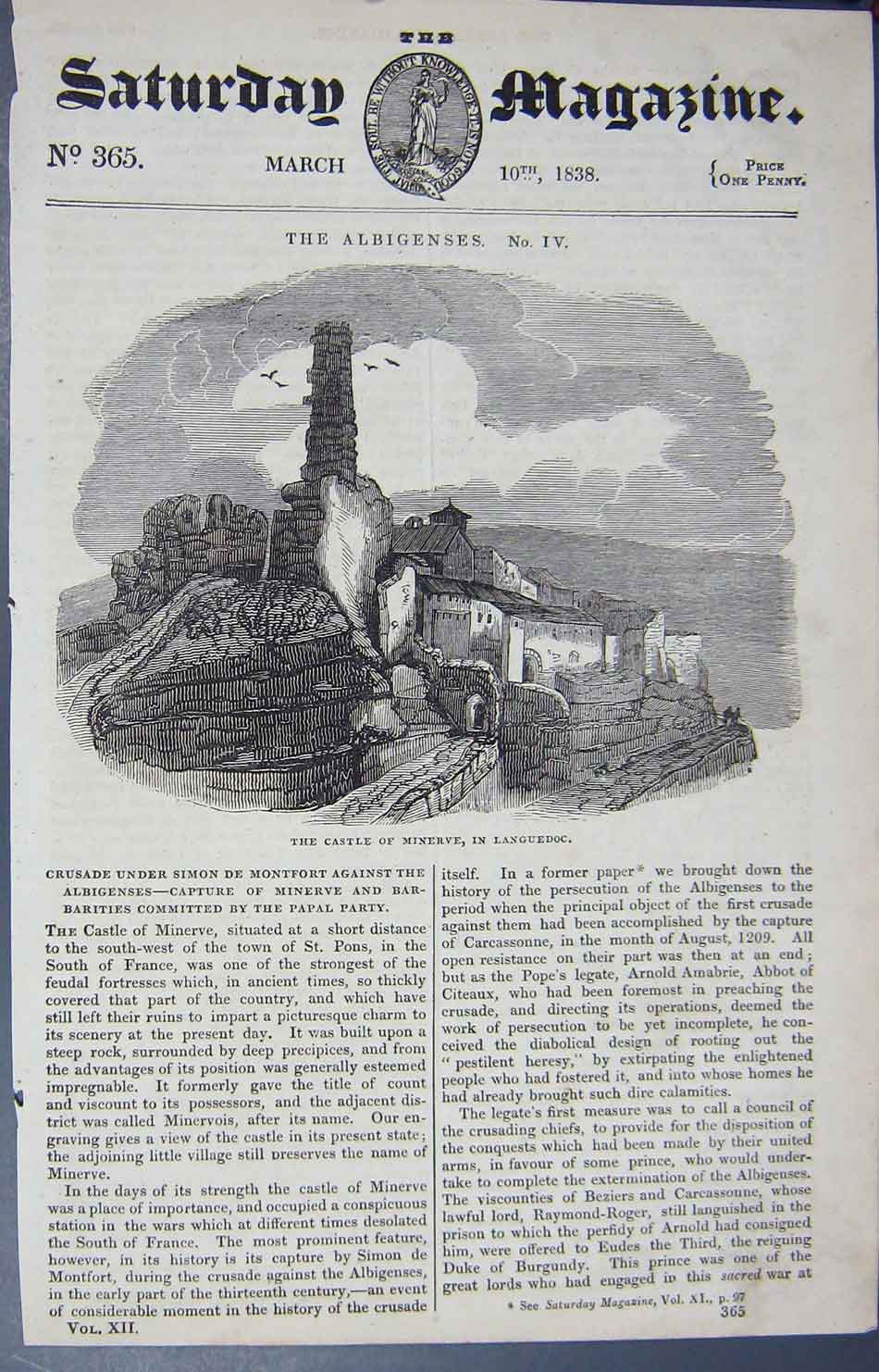 Original Old Antique Print 1838 Castle Minerve Languedoc Albigenses Victorian