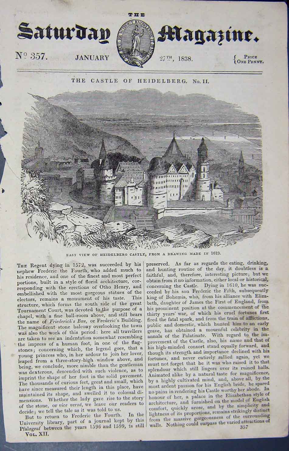 Original Old Antique Print 1838 View Heidelberg Castle Architecture Victorian