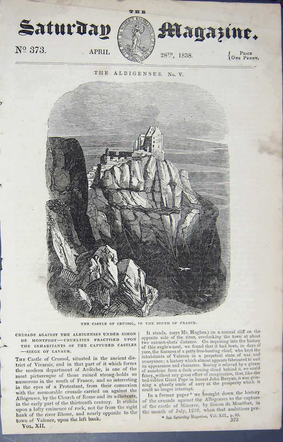 Original Old Antique Print 1838 View Castle Crussol South France Albigenses