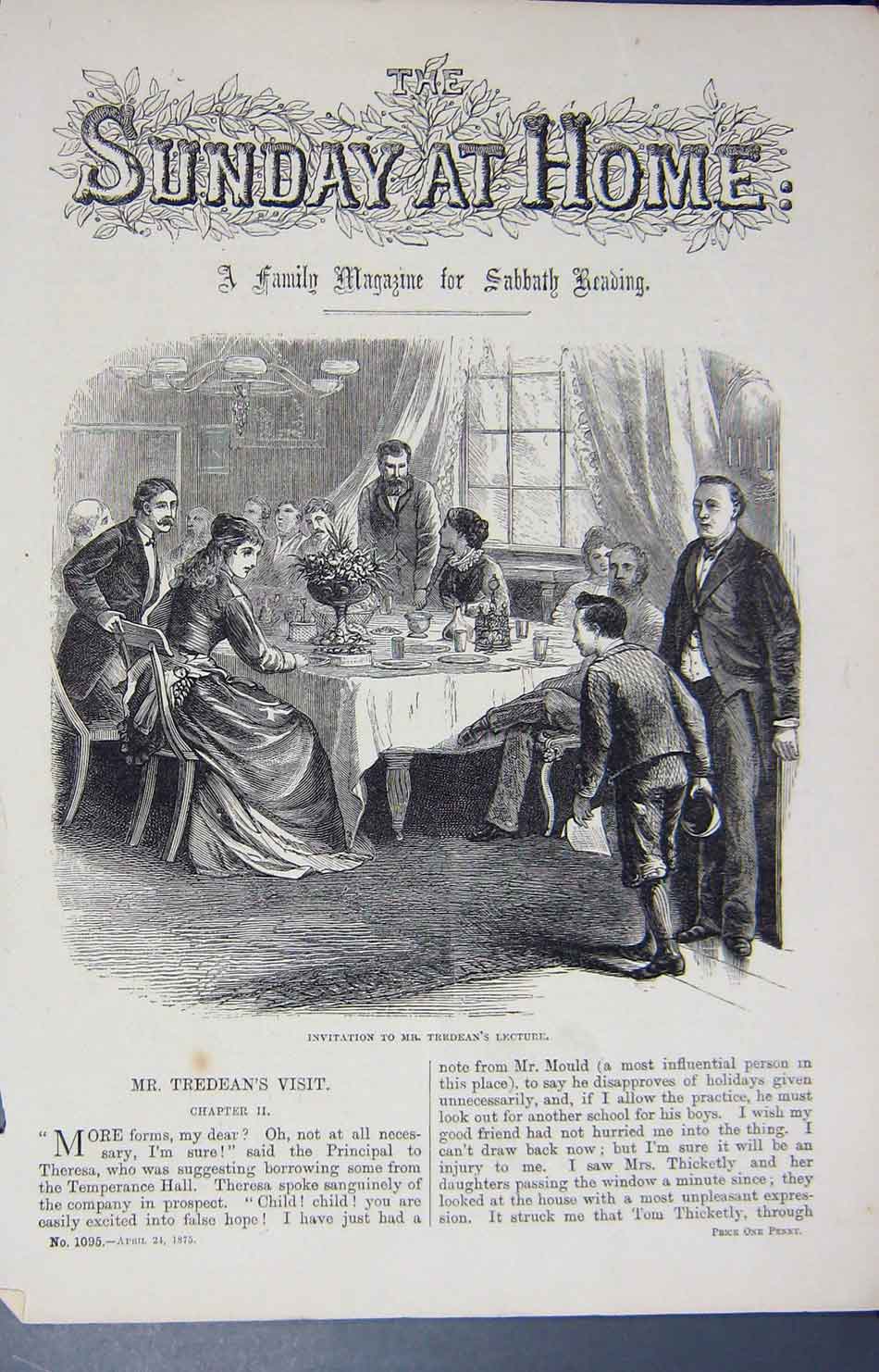 Original Old Antique Print Family Scene Invitation Mr. Teredean Lecture