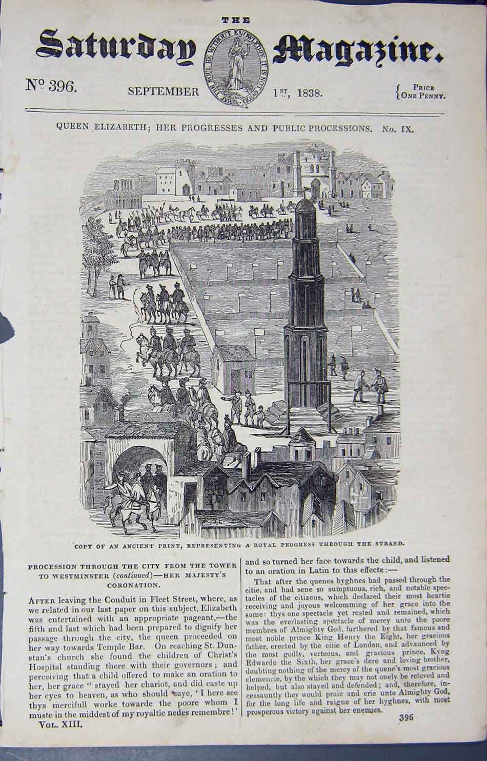 Original Old Antique Print 1838 Queen Elizabeth Public Procession Strand London