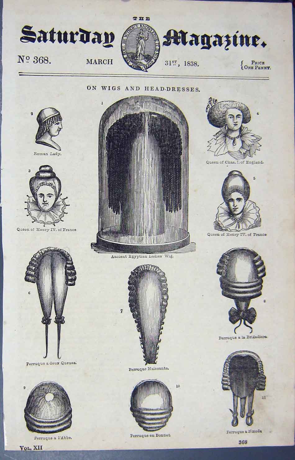 Original Old Antique Print 1838 Queen Henry France Wigs Head-Dresses Roman Lady