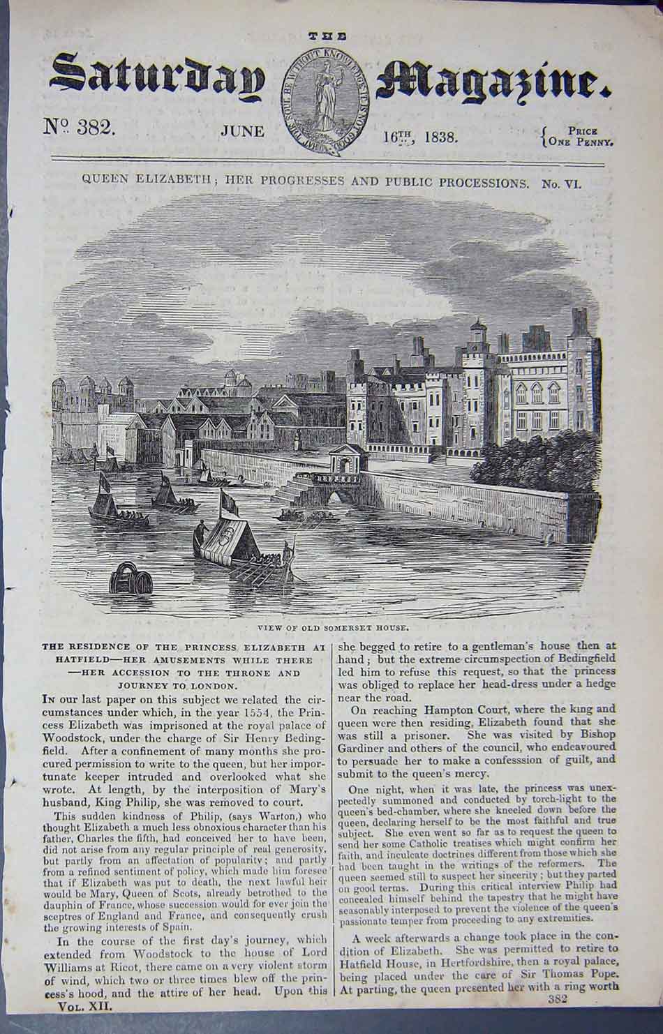 Original Old Antique Print 1838 Somerset House Princess Elizabeth Hatfield 19th