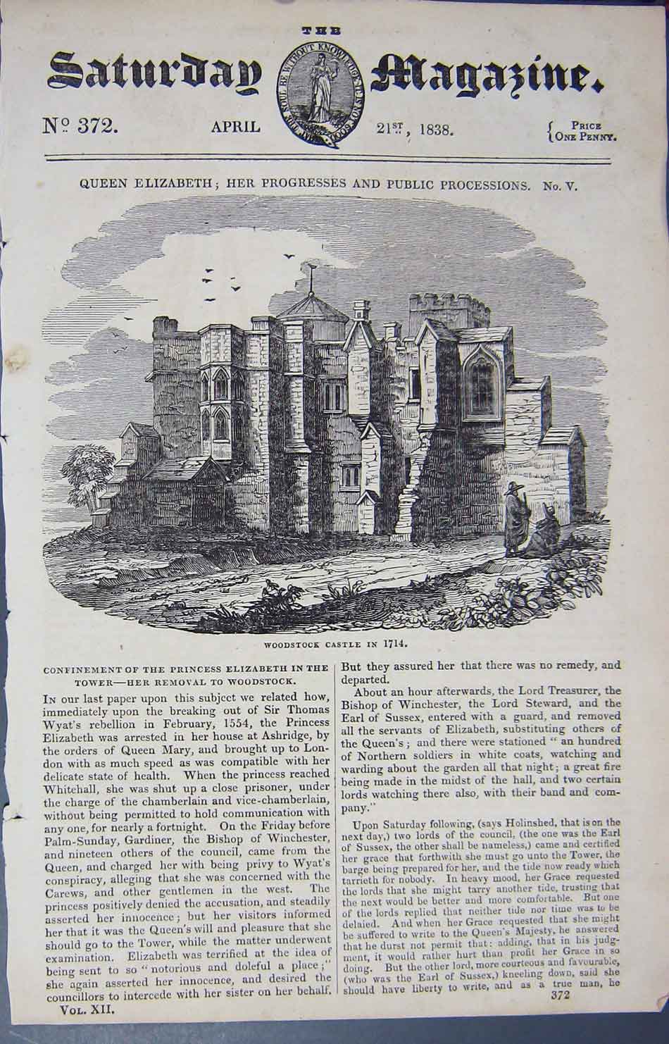 Original Old Antique Print 1838 Woodstock Castle Tower Princess Elizabeth 19th