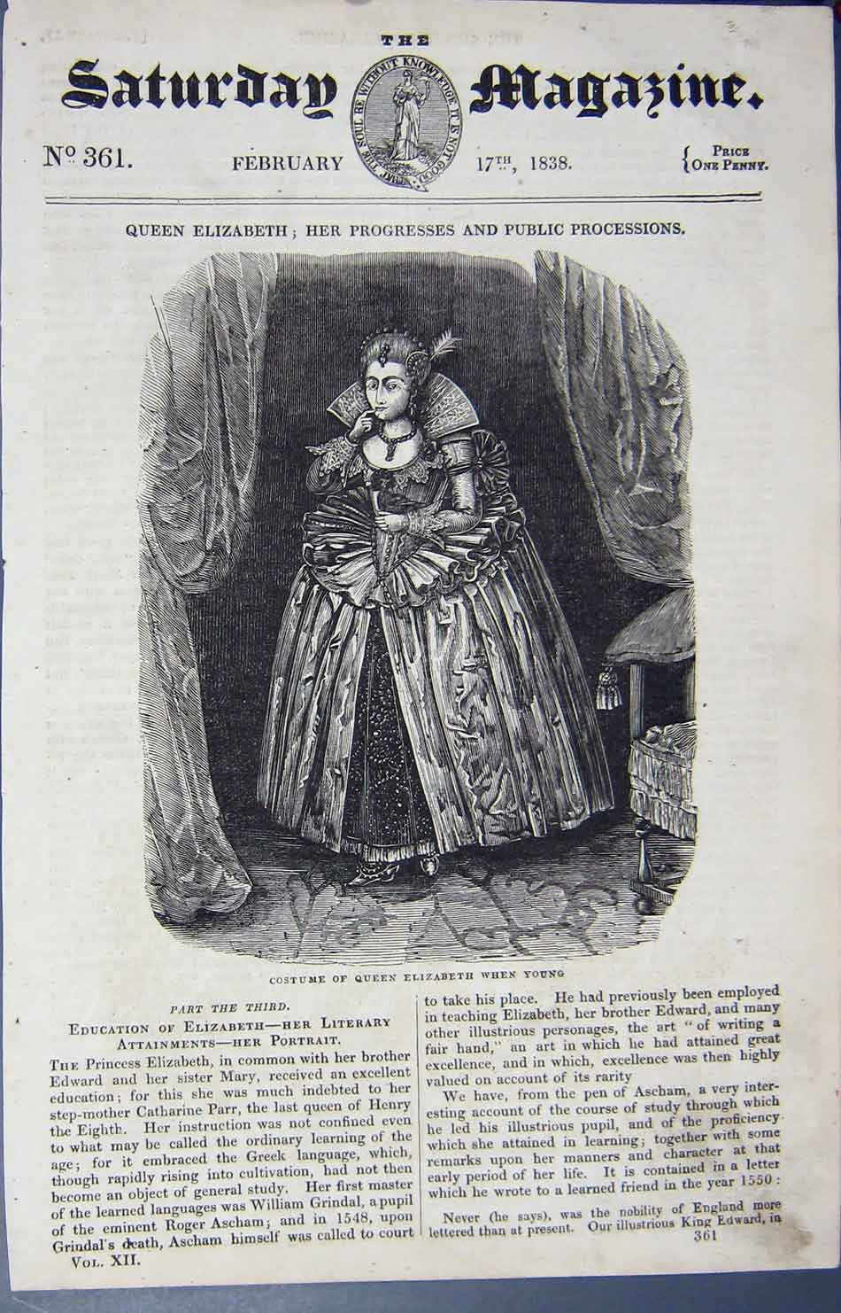 Original Old Antique Print 1838 Costume Queen Elizabeth Robes 19th