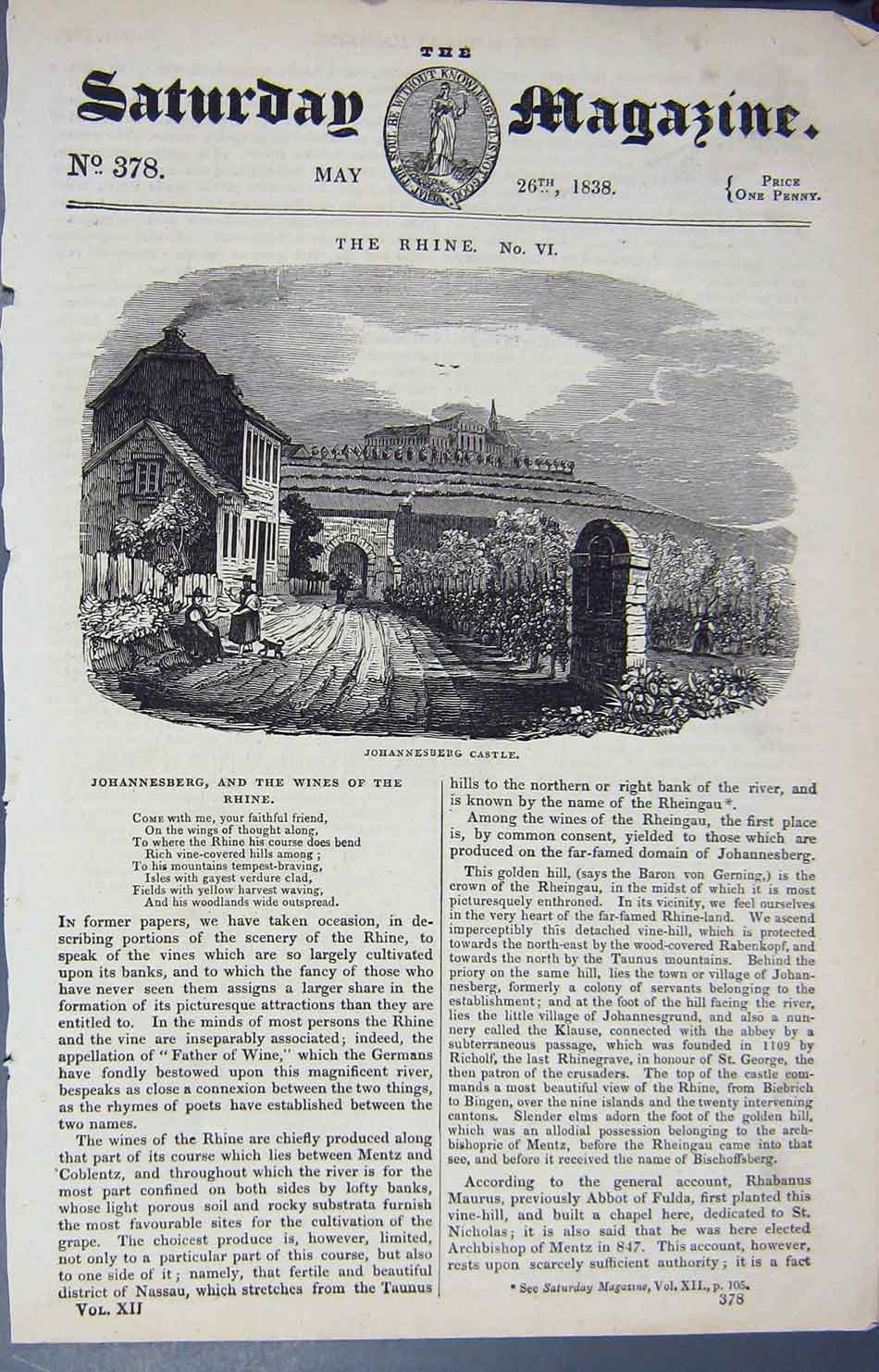 Original Old Antique Print 1838 Johannesberg Castle Wine Grapes Rhine Victorian