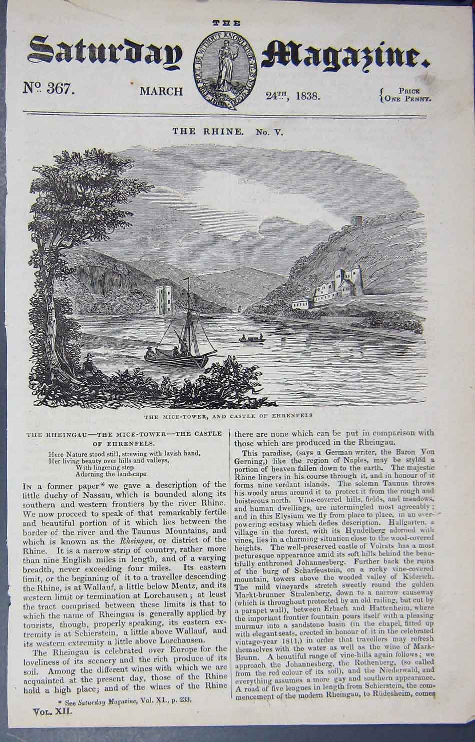 Original Old Antique Print 1838 Mice-Tower Castle Ehrenfels River Boats 19th