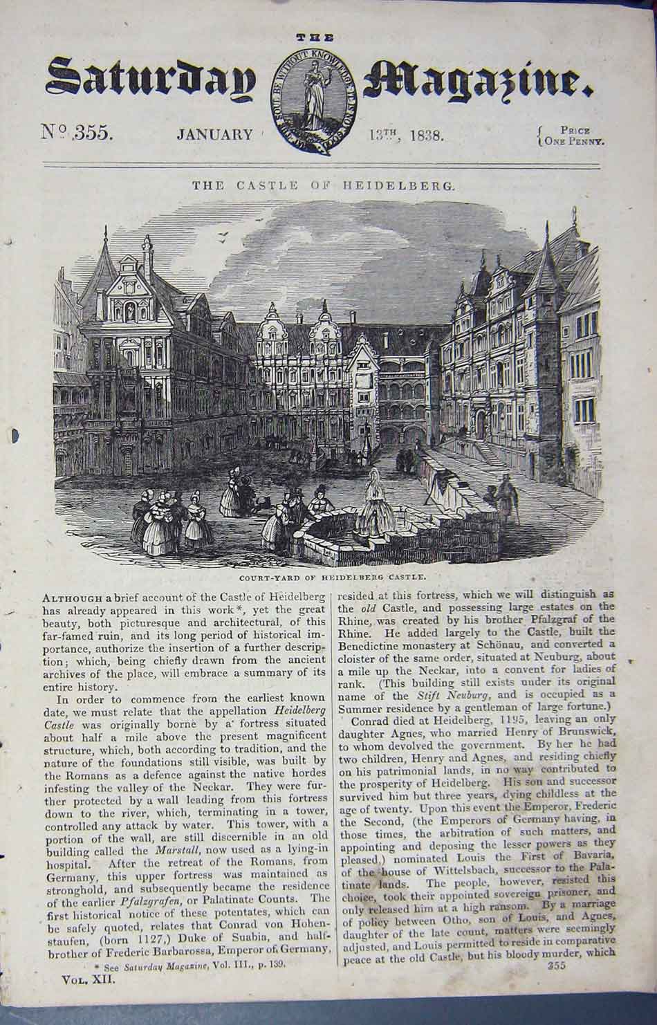 Original Old Antique Print 1838 Court-Yard Heidelberg Castle Architecture 19th