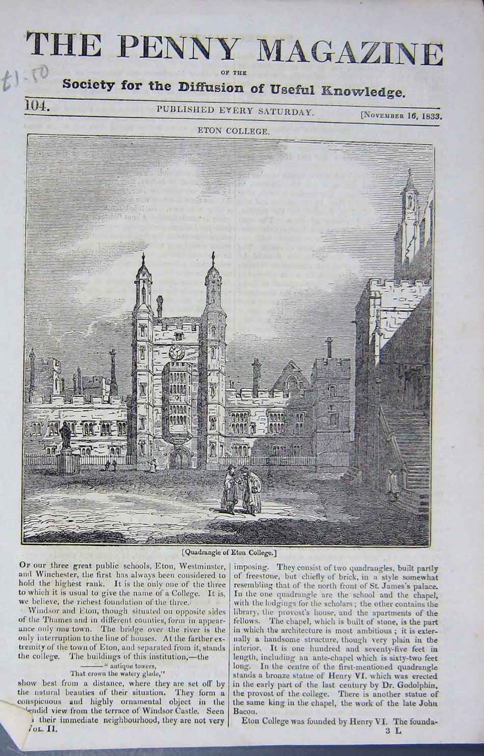 Original Old Antique Print 1833 View Quadrangle Eton College Architecture 19th