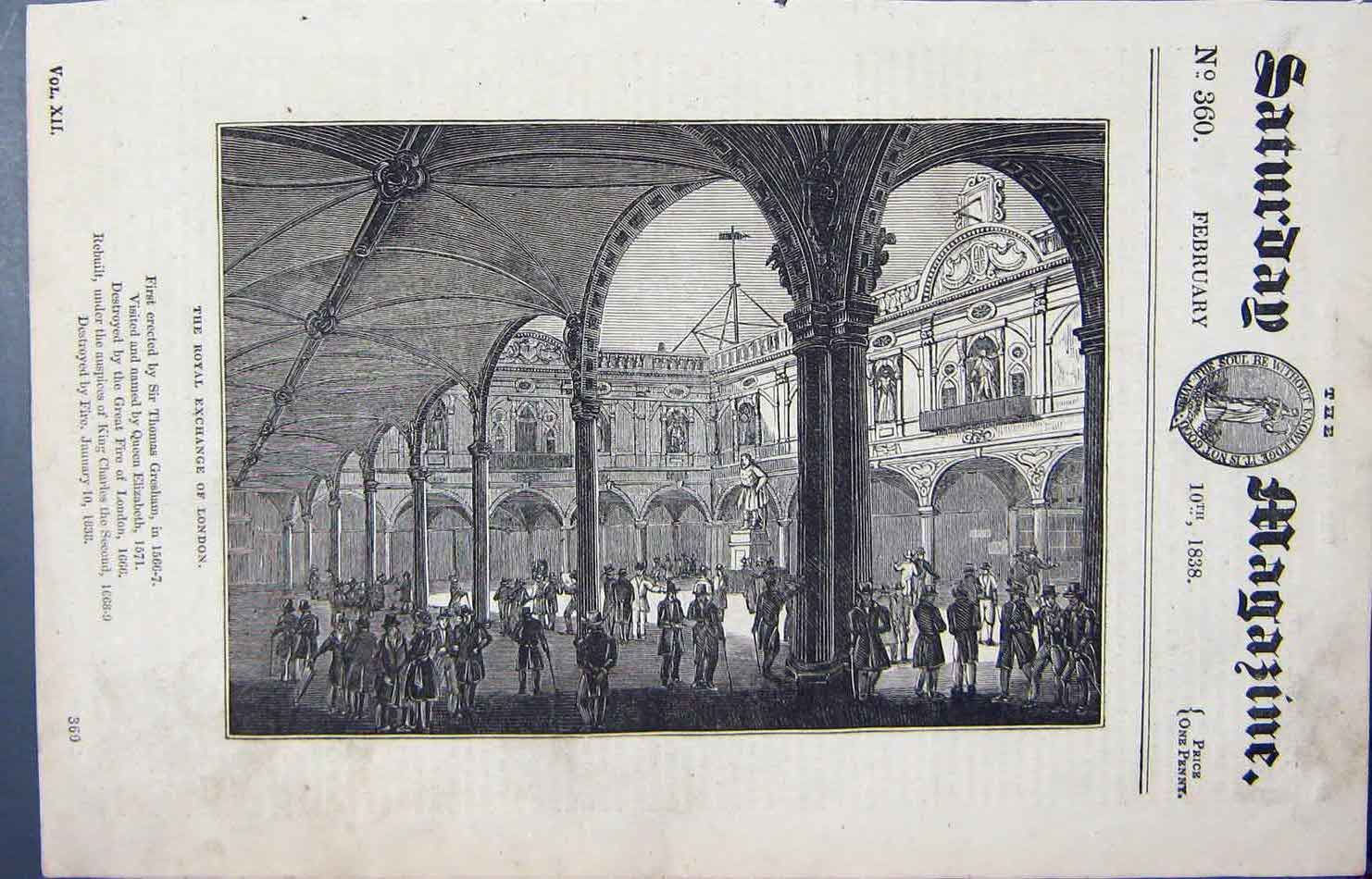 Original Old Antique Print 1838 Royal Exchange London Architecture Victorian