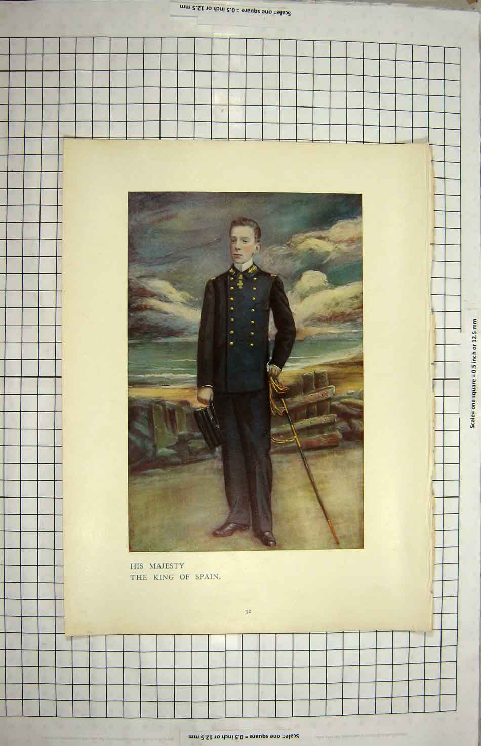 Original Old Antique Print Portrait His Majesty King Spain Colour
