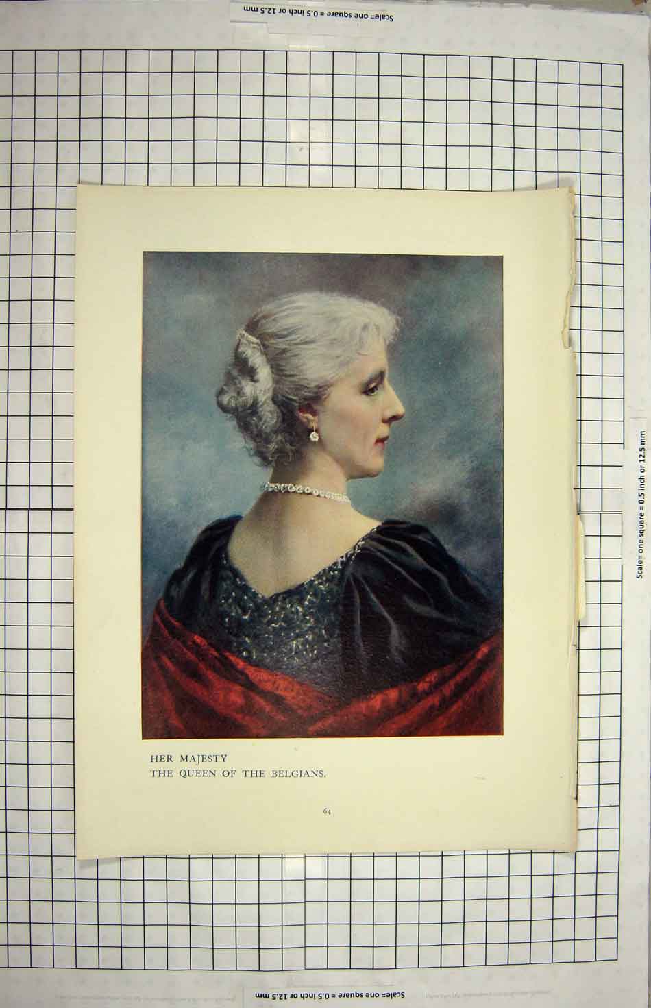 Original Old Antique Print Portrait Majesty Queen Belgians Colour
