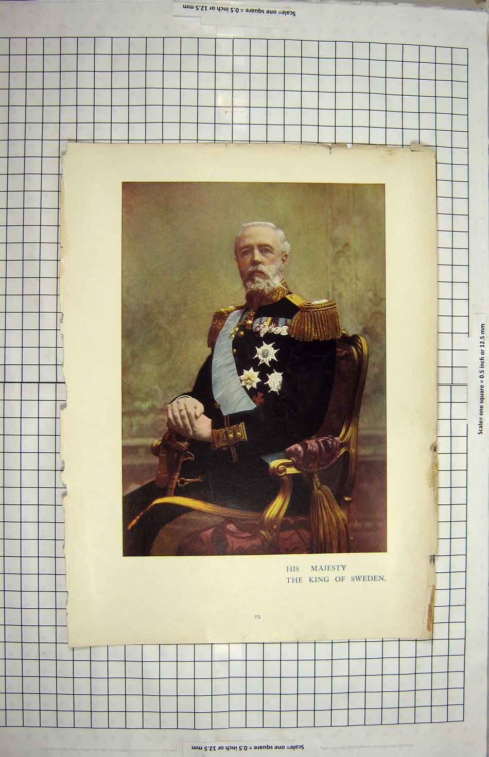 Original Old Antique Print Portrait His Majesty King Sweden Colour