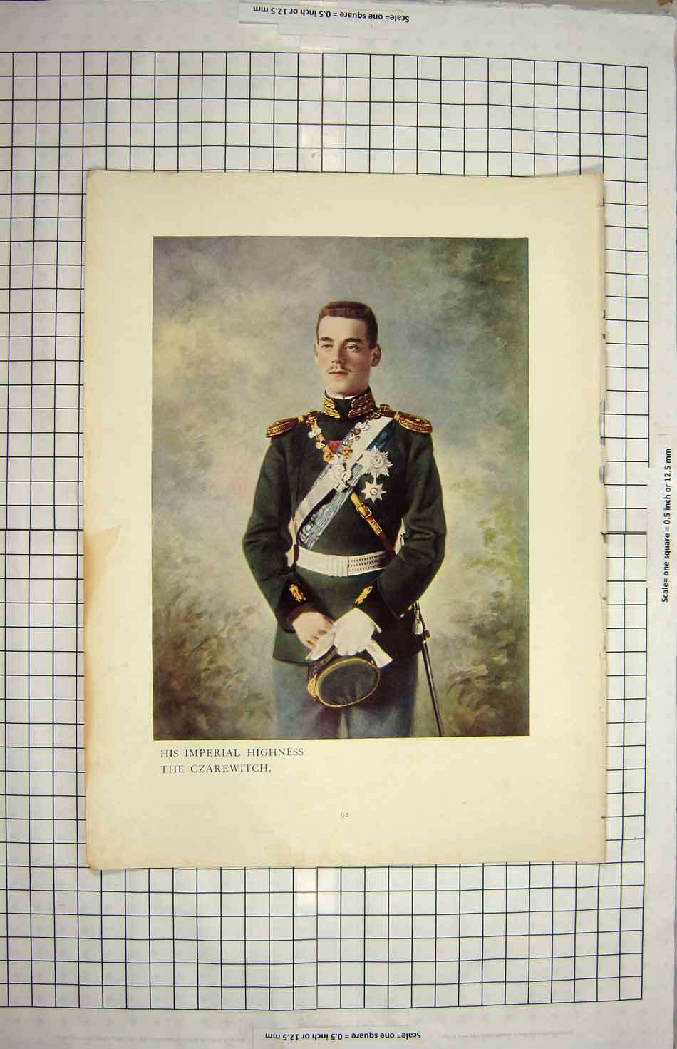 Original Old Antique Print Portrait His Imperial Highness Czarewitch Colour
