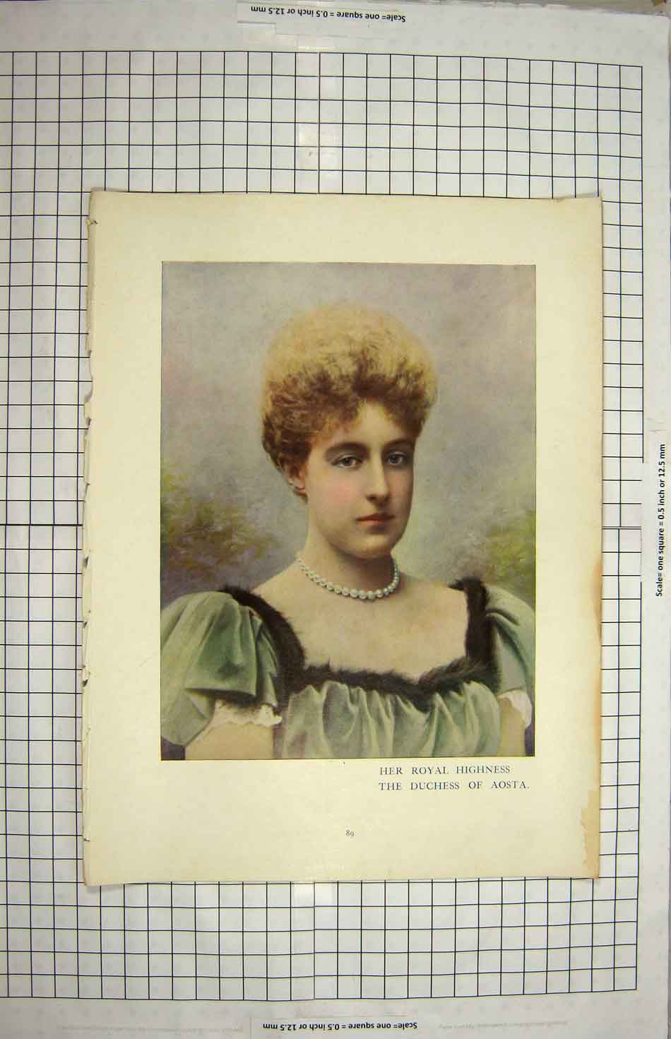 Original Old Antique Print Portrait Royal Highness Duchess Aosta Colour