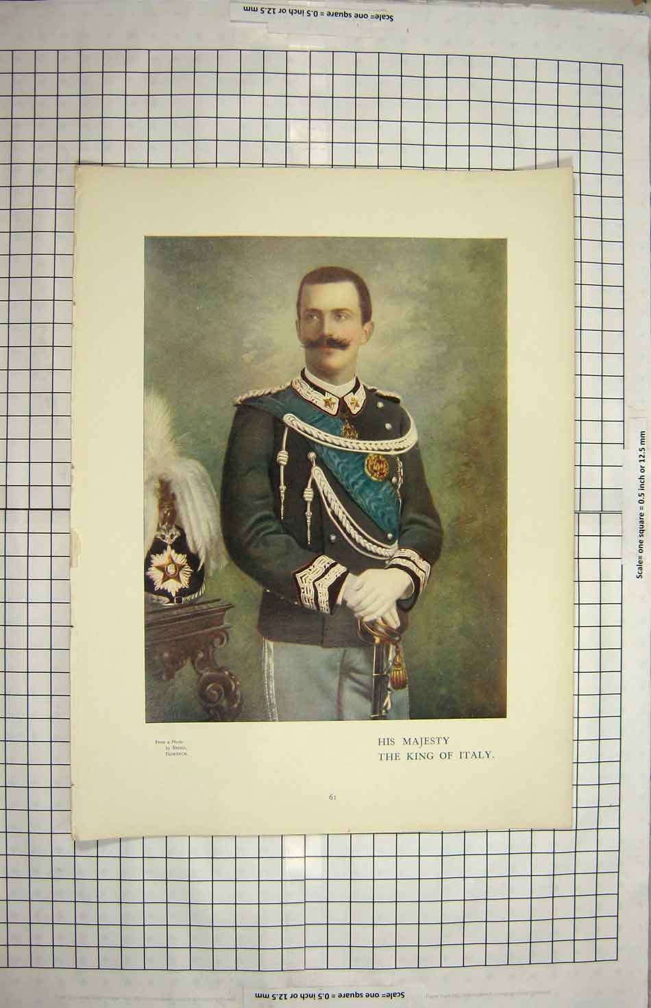 Original Old Antique Print Portrait His Majesty King Italy Colour