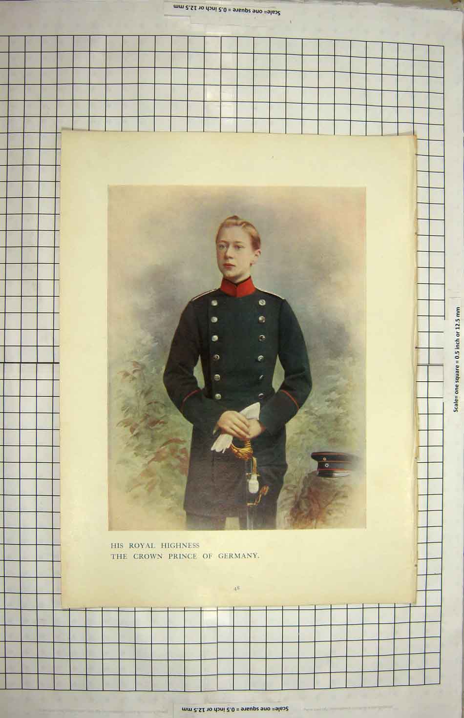 Original Old Antique Print Portrait Royal Highness Crown Prince Germany Colour