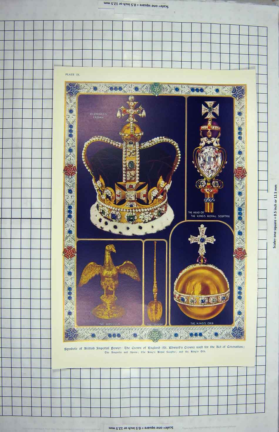 Original Old Antique Print Edward'S Crown Orb Ampulla Spoon Sceptre Coronation