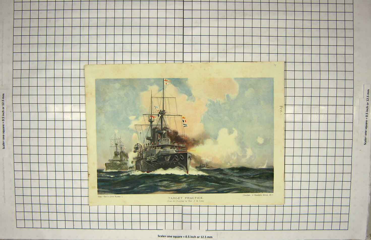 Original Old Antique Print Colour War Battle Ship Target Practice Colour 20th