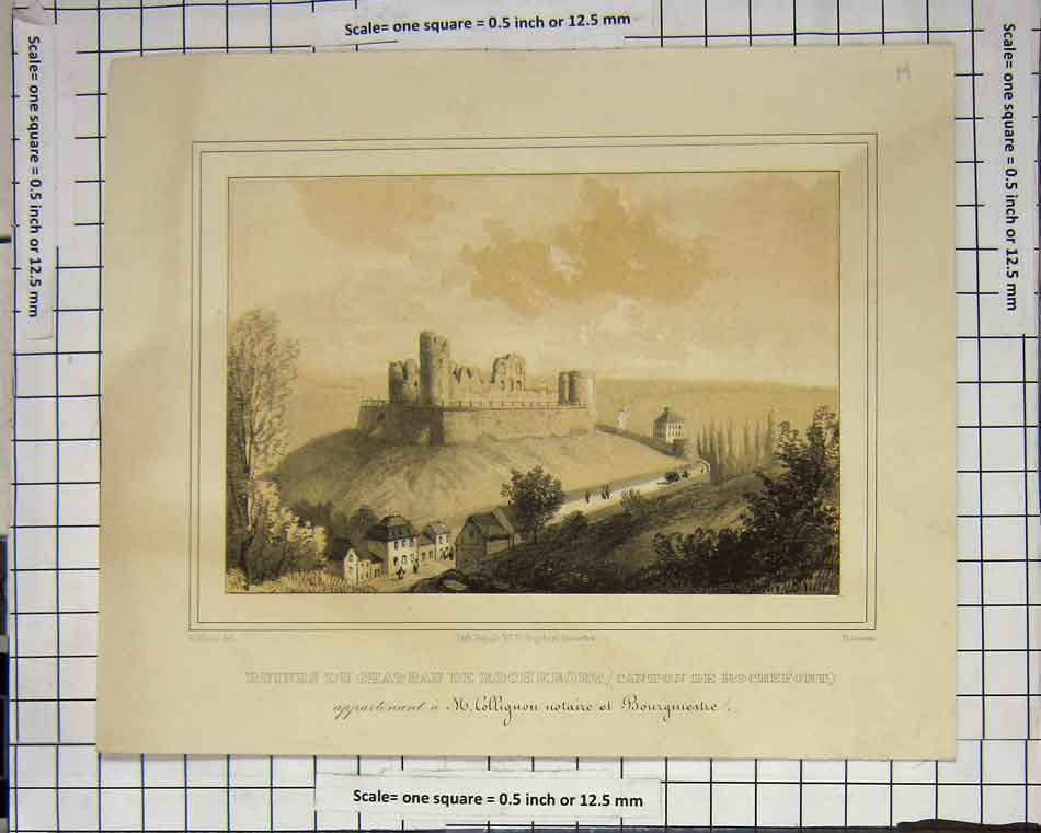 Original Old Antique Print Ruines Du Chateau Castle Village Buildings