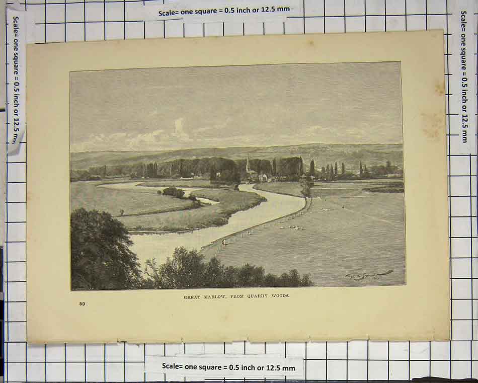 Original Old Antique Print Great Marlow Quarry Woods River Fields