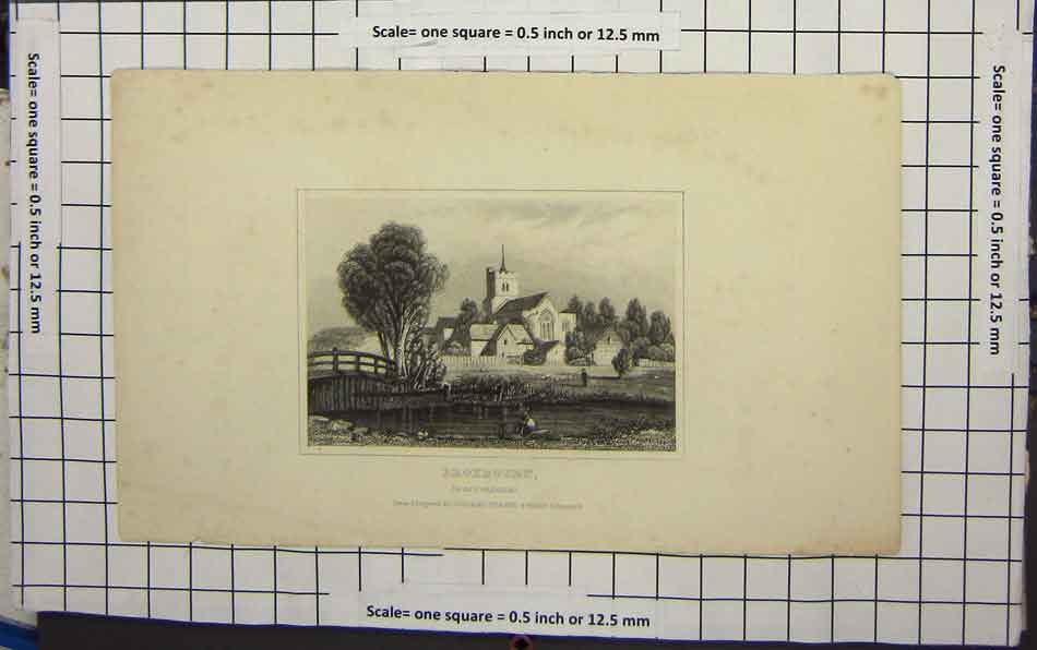 Original Old Antique Print Broxbourn Hertfordshire Church Water