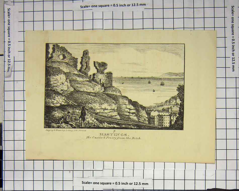 Original Old Antique Print Hastings Castle Priory Ocean Buildings