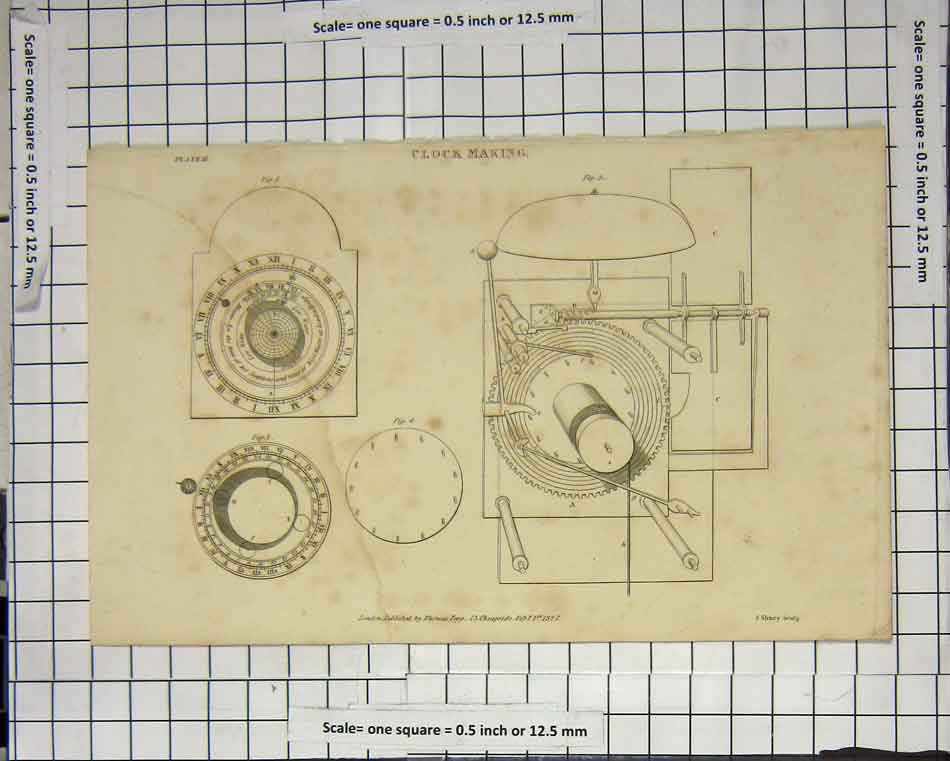 Original Old Antique Print Clock Making Wheels Hands Roman Numerals