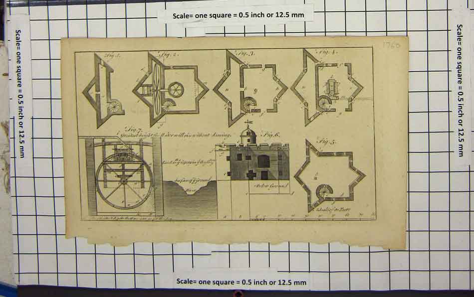 Original Old Antique Print Castle Design Plans Figures Layout