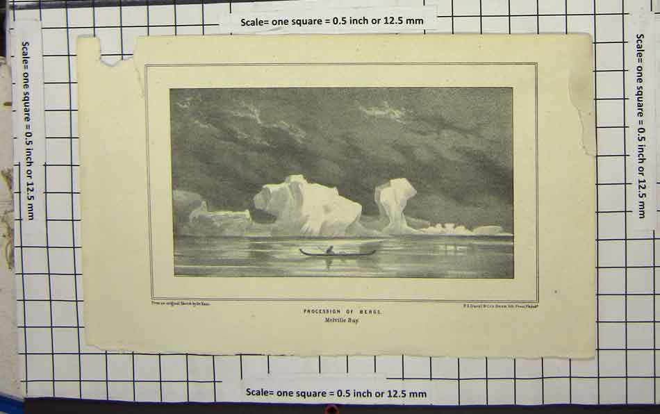 Original Old Antique Print Ice Bergs Small Boat Stormy Black And White