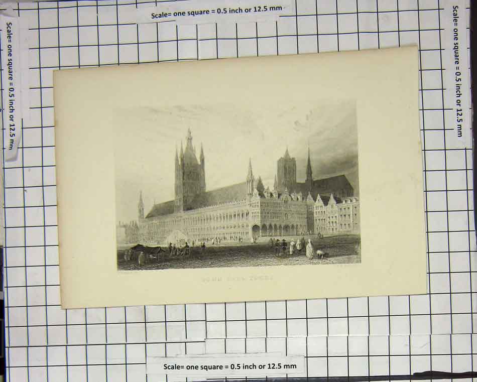 Original Old Antique Print Town Hall Ypres People Belgian
