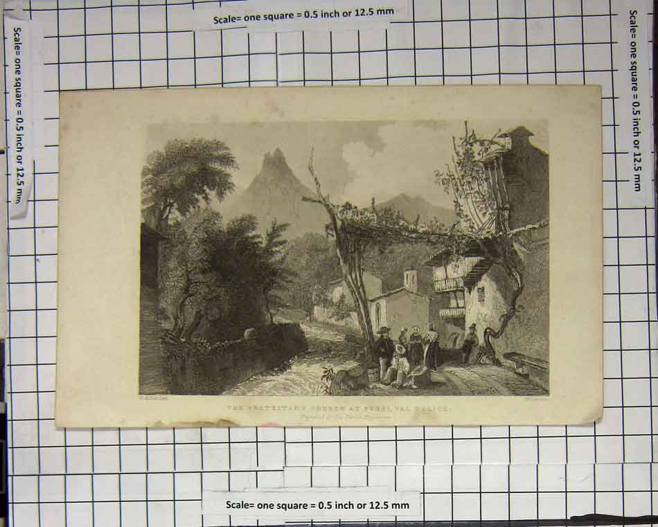 Original Old Antique Print Protestant Church Tall Mountain Religion