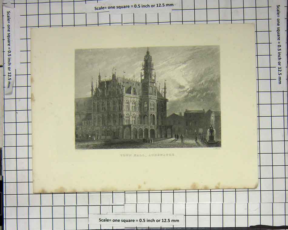 Original Old Antique Print Town Hall Audenarde Belgian