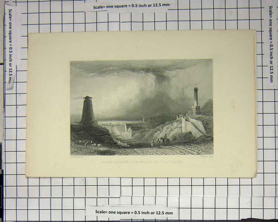 Original Old Antique Print Road Across Plain Waterloo Stone Pillars