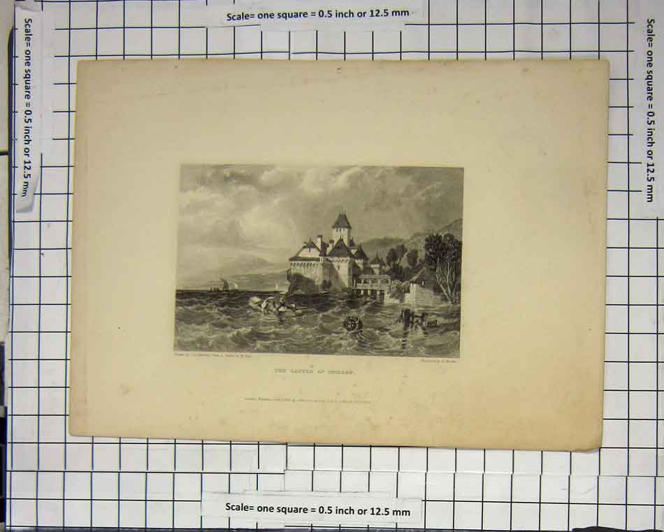 Original Old Antique Print Castle Chillon Harsh Seas Boating