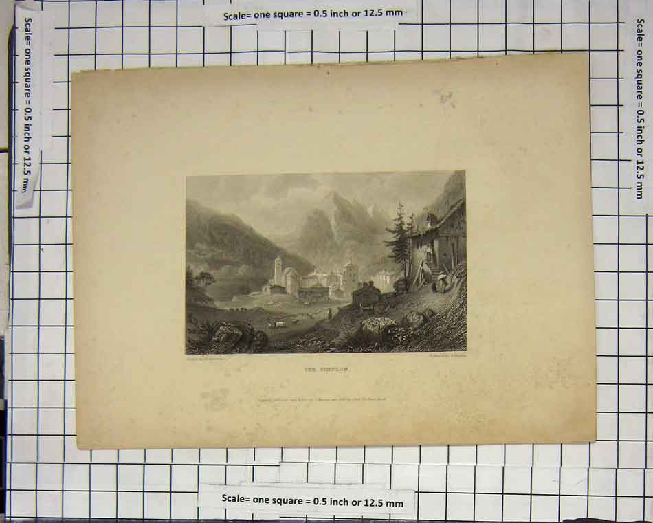 Original Old Antique Print The Simplon Mountains Cows Town