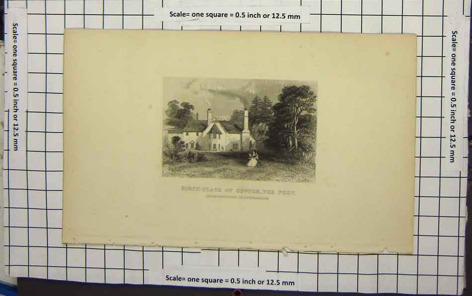 Original Old Antique Print Birth-Place Cowper Te Poet Forest Smoke Victorian