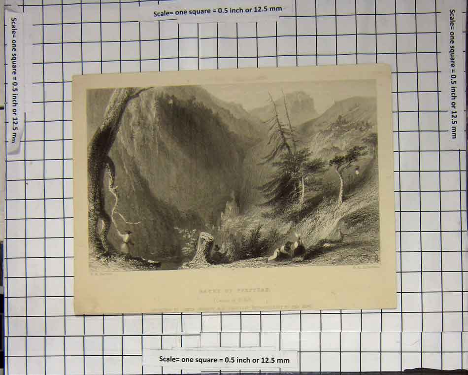 Original Old Antique Print Baths Pfeffers Mountain Cliffs