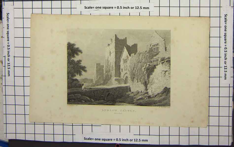 Original Old Antique Print Ludlow Castle Shropshire Bridge