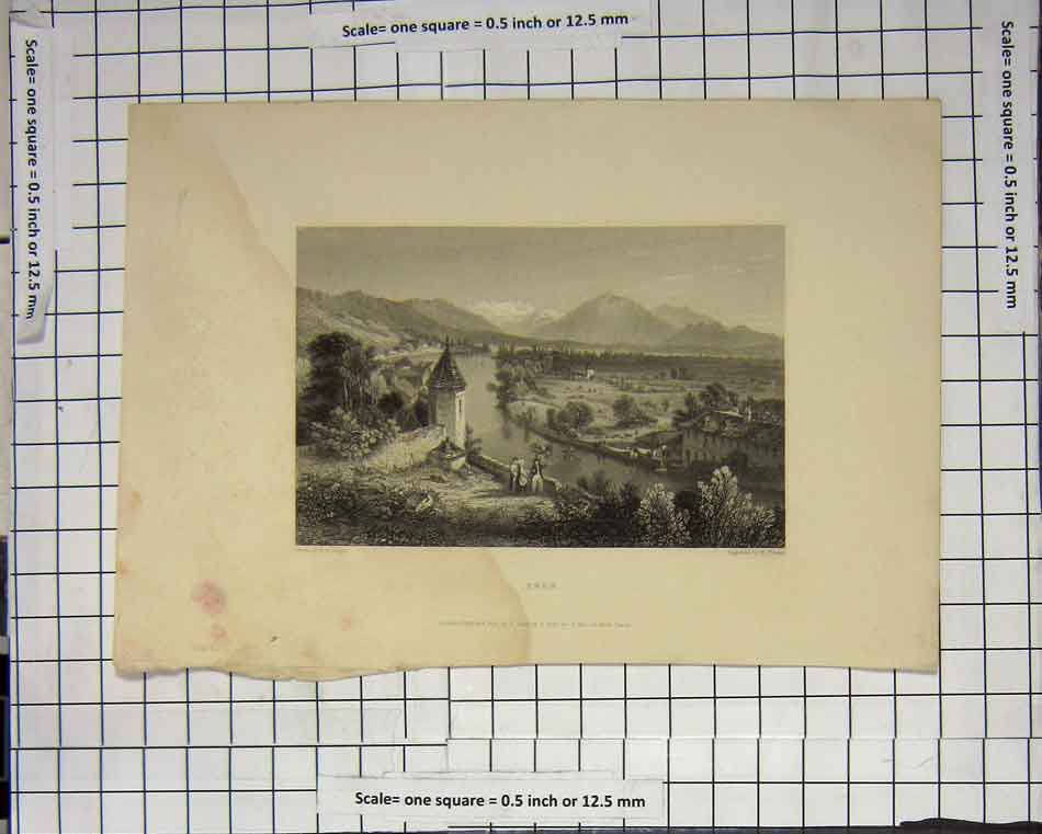 Original Old Antique Print Thun River Plains Fields Mountains