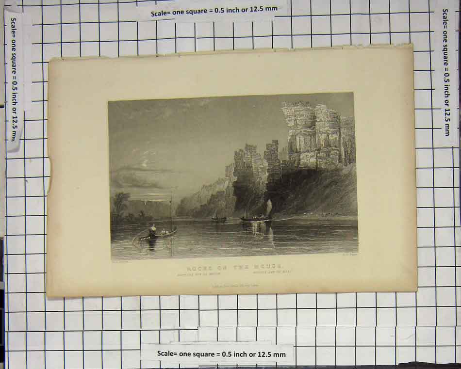 Original Old Antique Print Rocks On He Meuse Boat Cliffs Fishing