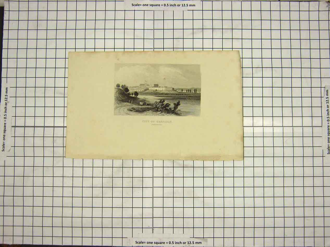 Original Old Antique Print View City Carlisle England Cumberland Architecture