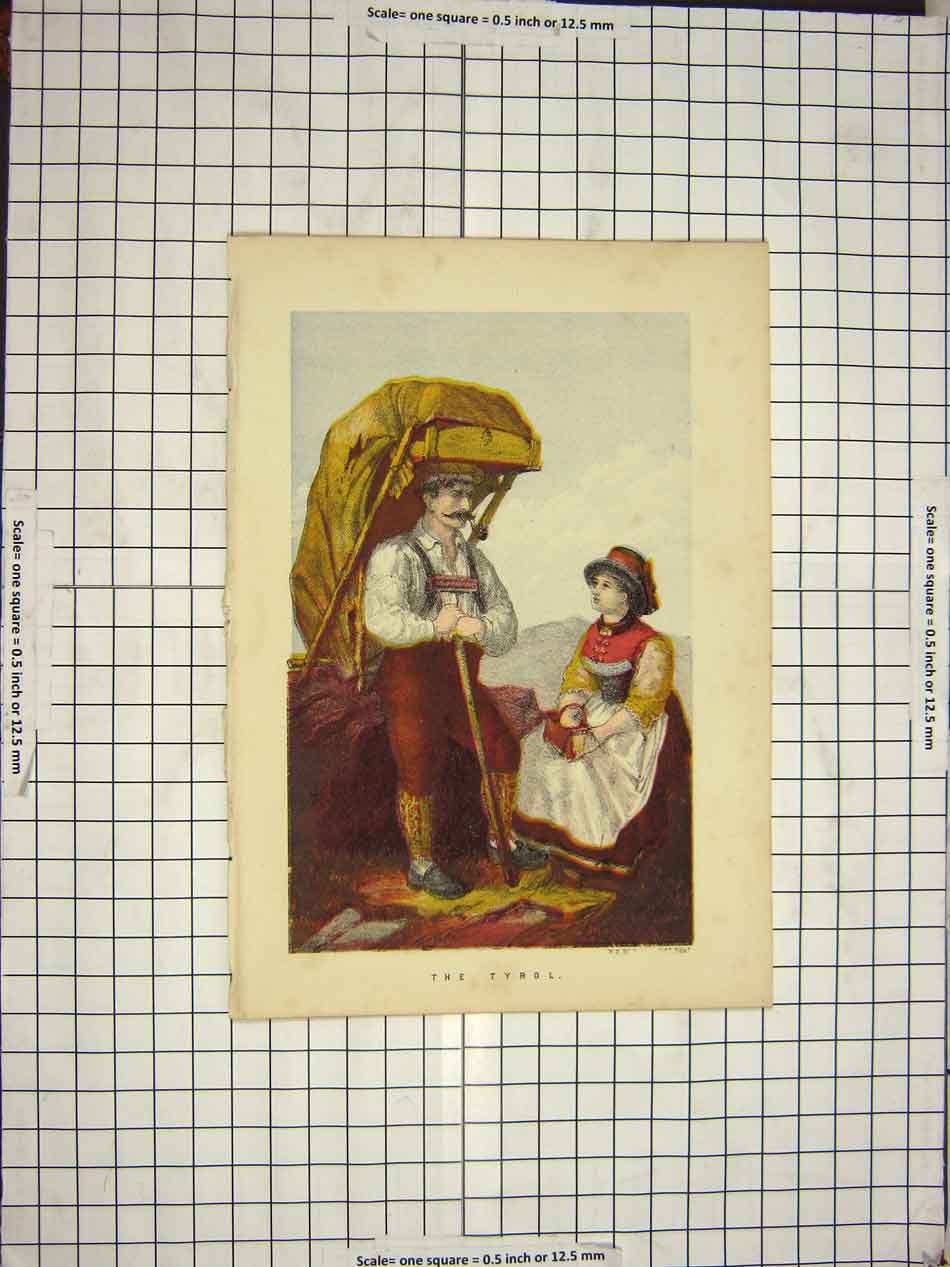 Original Old Antique Print Colour Scene Tyrol Mountains Man Woman