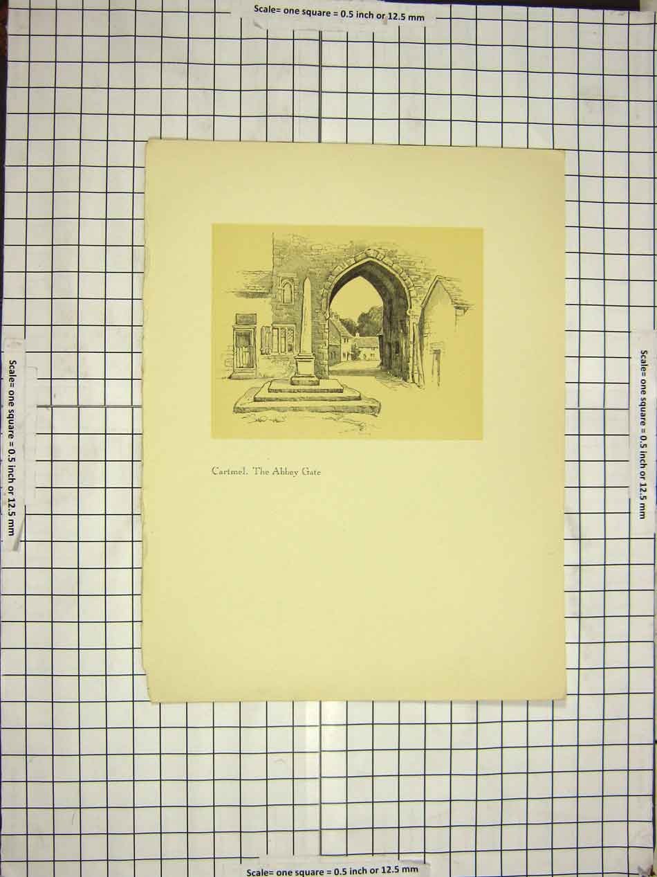 Original Old Antique Print View Cartmel Abbey Gate Street Architecture
