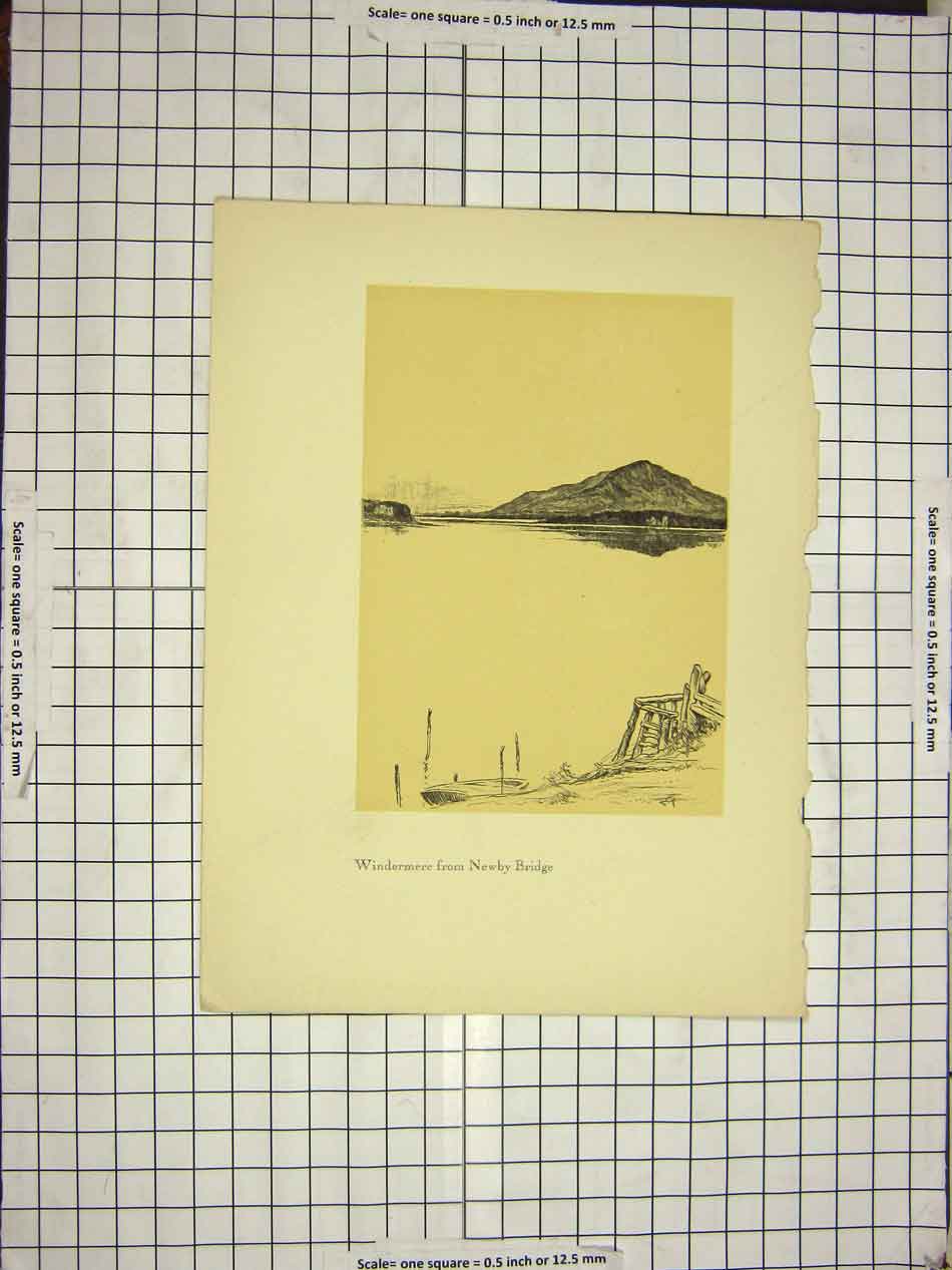Original Old Antique Print View Lake Windermere Newby Bridge Mountains Scene