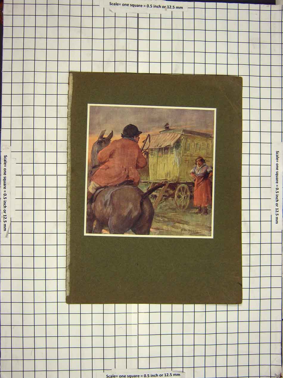 Original Old Antique Print Colour Huntsman Horse Lady Gypsy Waggon