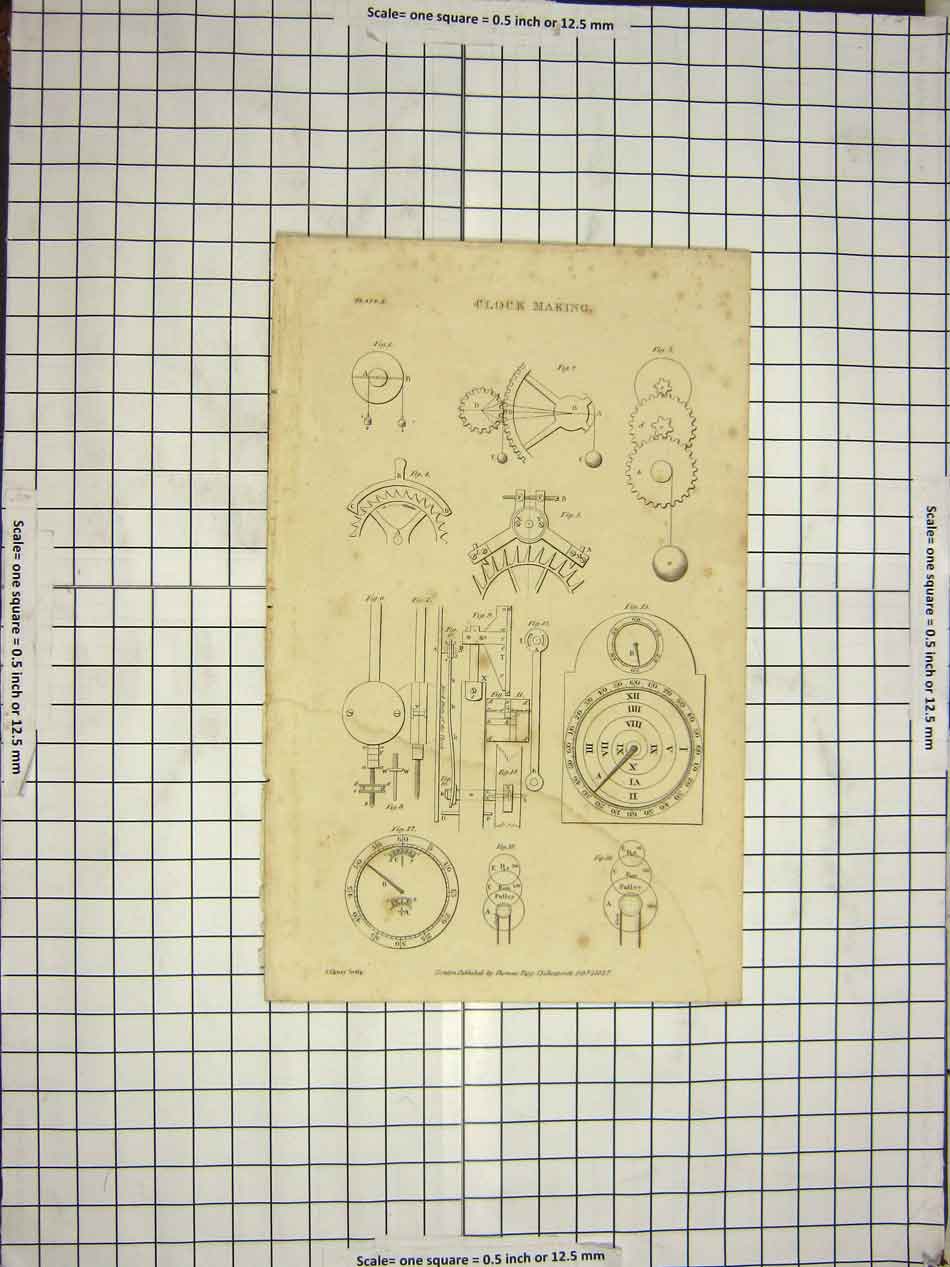 Original Old Antique Print Clock Making 1827 Diagrams Instruments Shury 19th