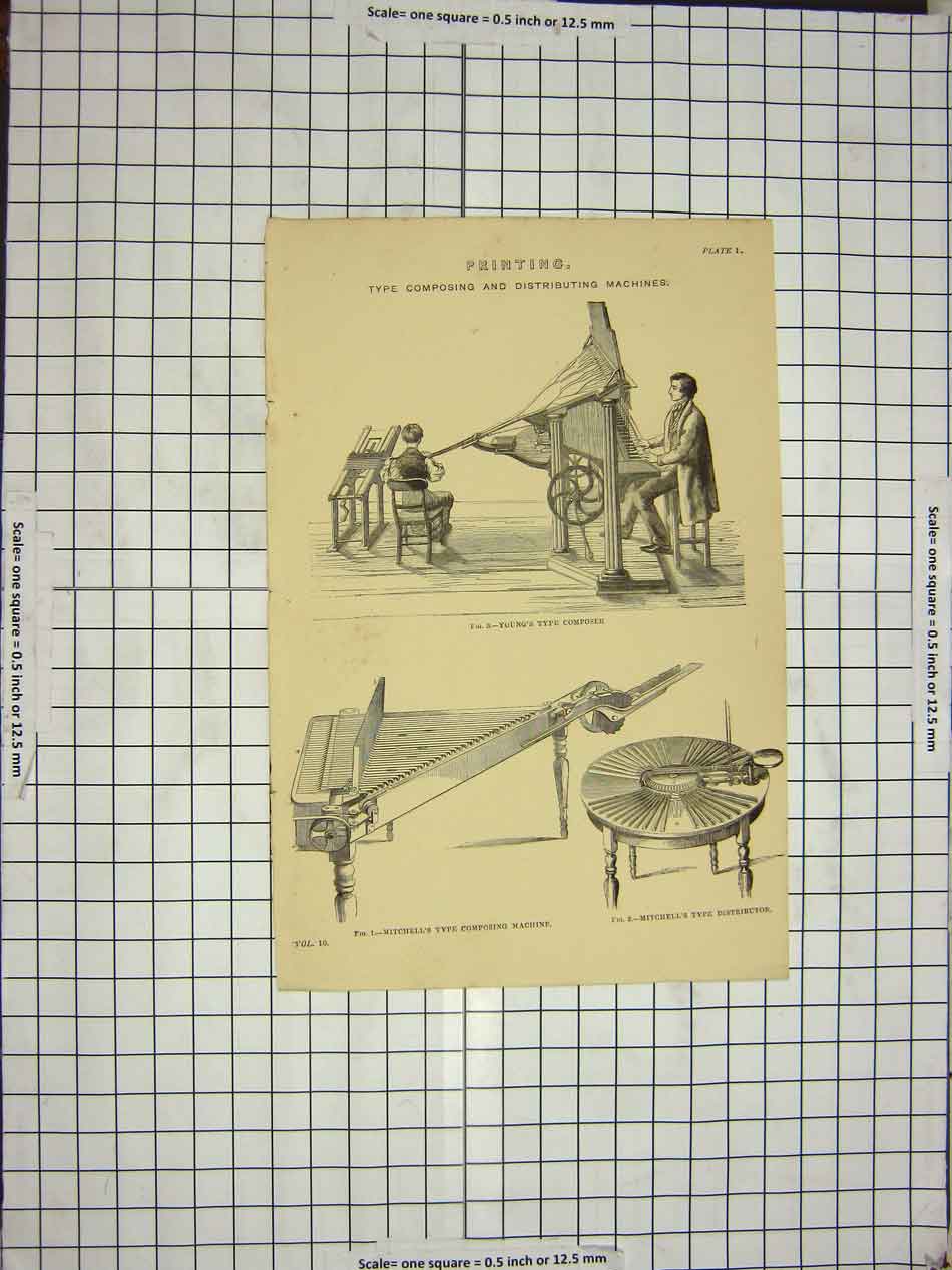 Original Old Antique Print Ing Machine Young Type Composer Mitchell 18th