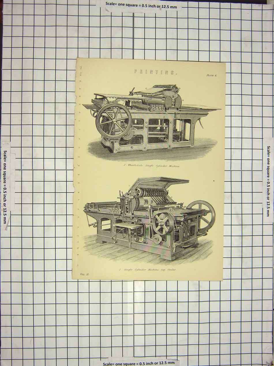 Original Old Antique Print Ing Wharfedale Cylinder Machine Top Feeder 19th